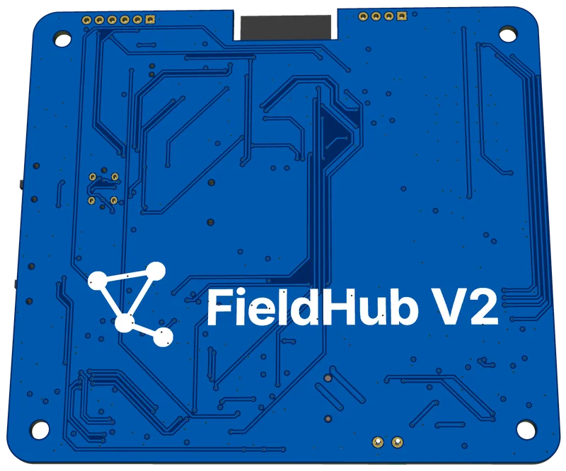 Underside of the FieldHub v2 circuit board with the FieldMesh logo