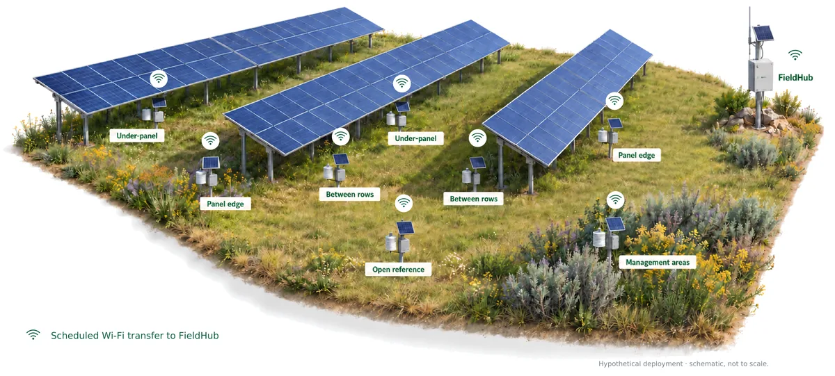 FieldMesh nodes placed under panels, at panel edges, between rows, in management areas and at an open reference point on a solar farm, each sending readings to a FieldHub on a mast