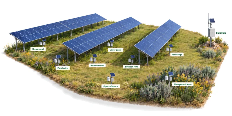 Illustration of FieldMesh sensor nodes spread across a solar farm, with a FieldHub collecting their readings